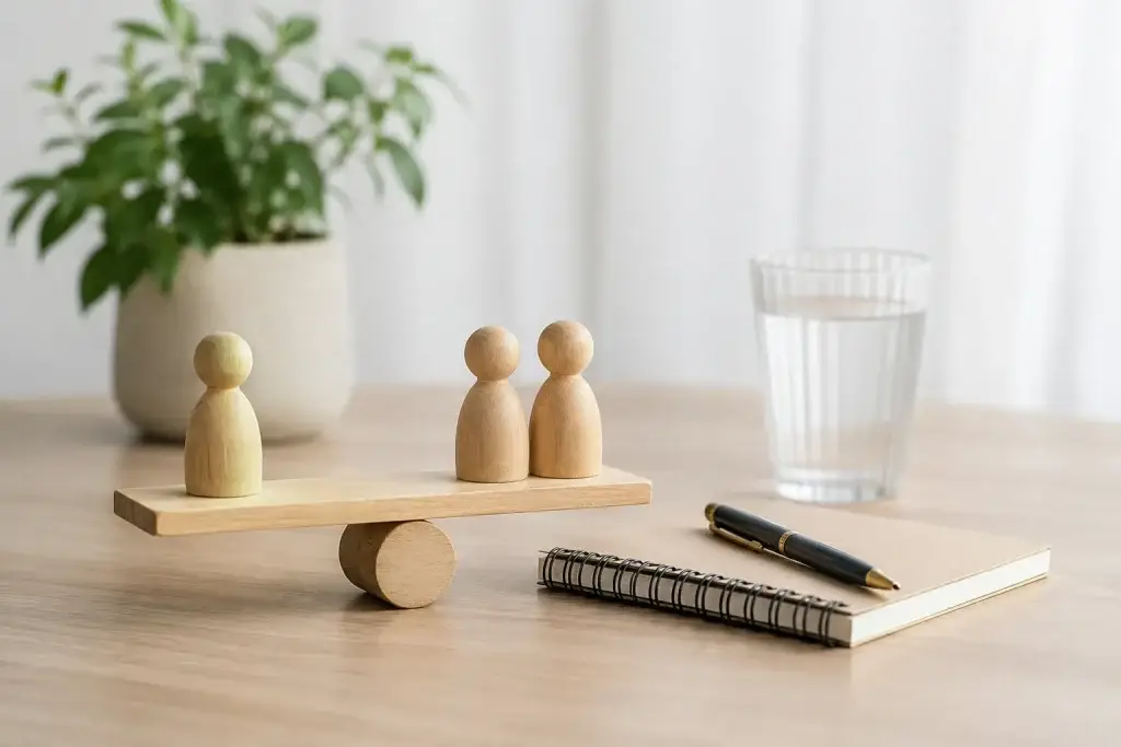 Houten figuren op een balans als symbool voor eerlijke mediation