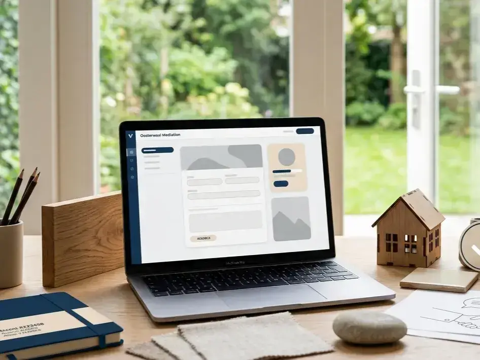 Laptop op een houten bureau met een aanmeldinterface, rustige werkdetails en een professionele sfeer voor mediation.