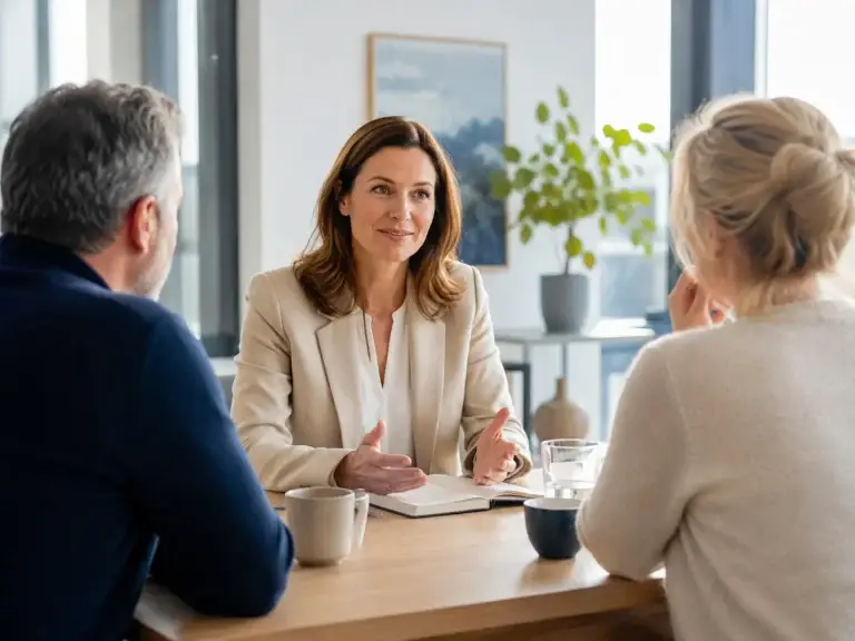 Mediator begeleidt twee cliënten tijdens een open en persoonlijk mediationgesprek in een rustige kantooromgeving.