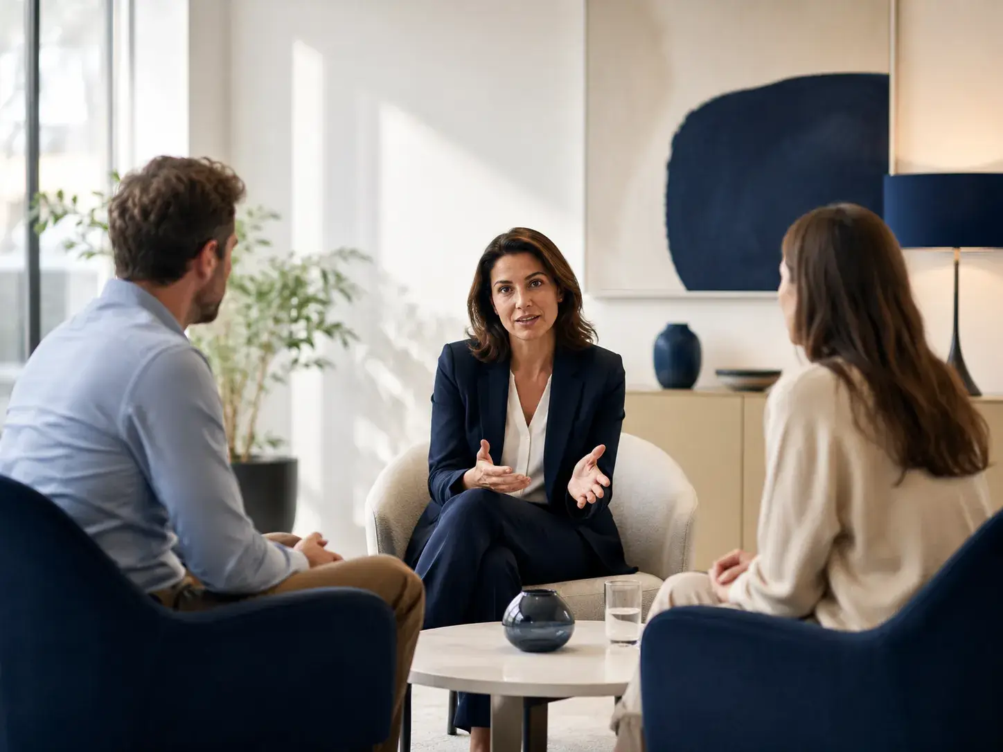 Mediator begeleidt twee mensen tijdens een rustig mediationgesprek