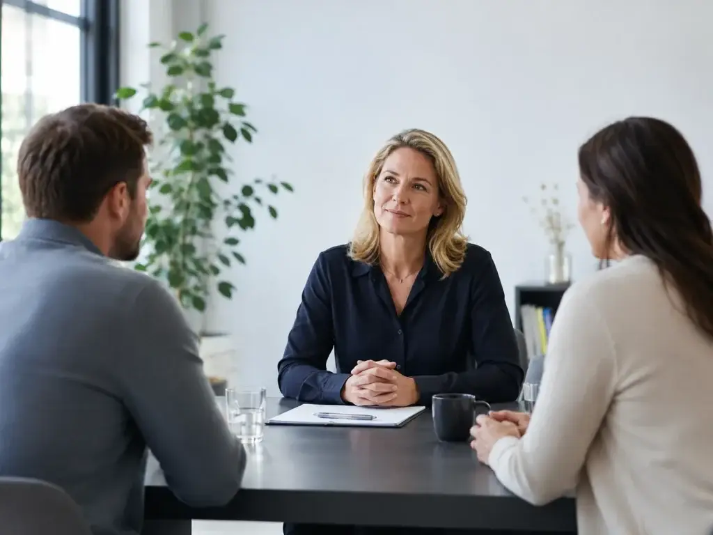Professionele mediator begeleidt twee partijen tijdens een rustig mediationgesprek bij Oosterwaal Mediation.