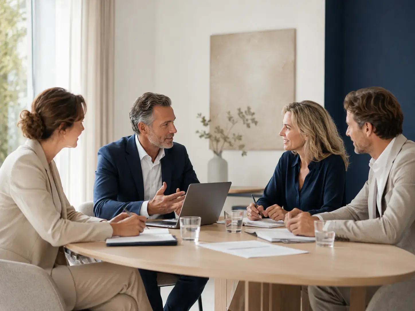 Vier professionals bespreken gezamenlijk een inhoudelijke samenwerking rond mediation en duurzame oplossingen.