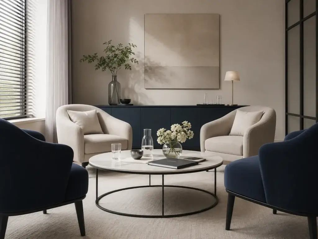 Moderne mediationruimte met comfortabele stoelen en een rustige uitstraling