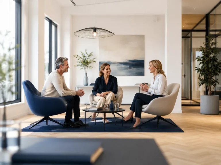 Drie deelnemers voeren een open gesprek en werken samen aan een duurzame oplossing tijdens mediation.
