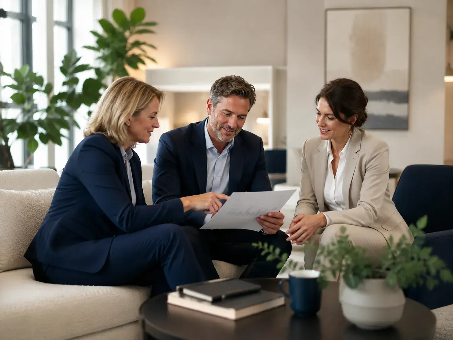 Drie zakelijke partners beoordelen samen een plan voor langdurige en inhoudelijke samenwerking.