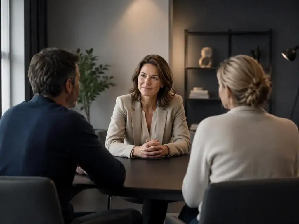 Professionele mediator beantwoordt vragen van twee cliënten tijdens een rustig gesprek over mediation en arbeidsconflicten.